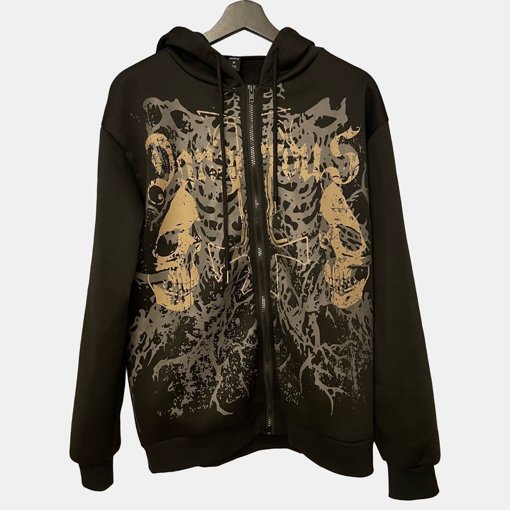 Romwe Mens Dangerous Skull Graphic Zip Up Hoodie Black Streetwear Small
